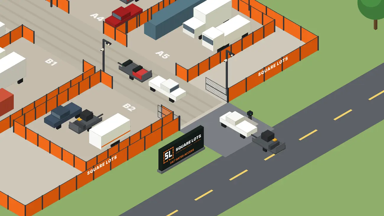 Illustration of the Square Lots entrance with keypad gate, sign, cameras and lighting